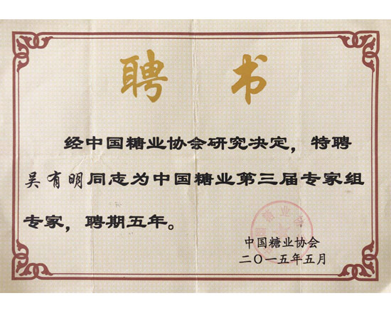 中國(guó)糖業(yè)協(xié)會(huì)專家組專家聘書(shū)